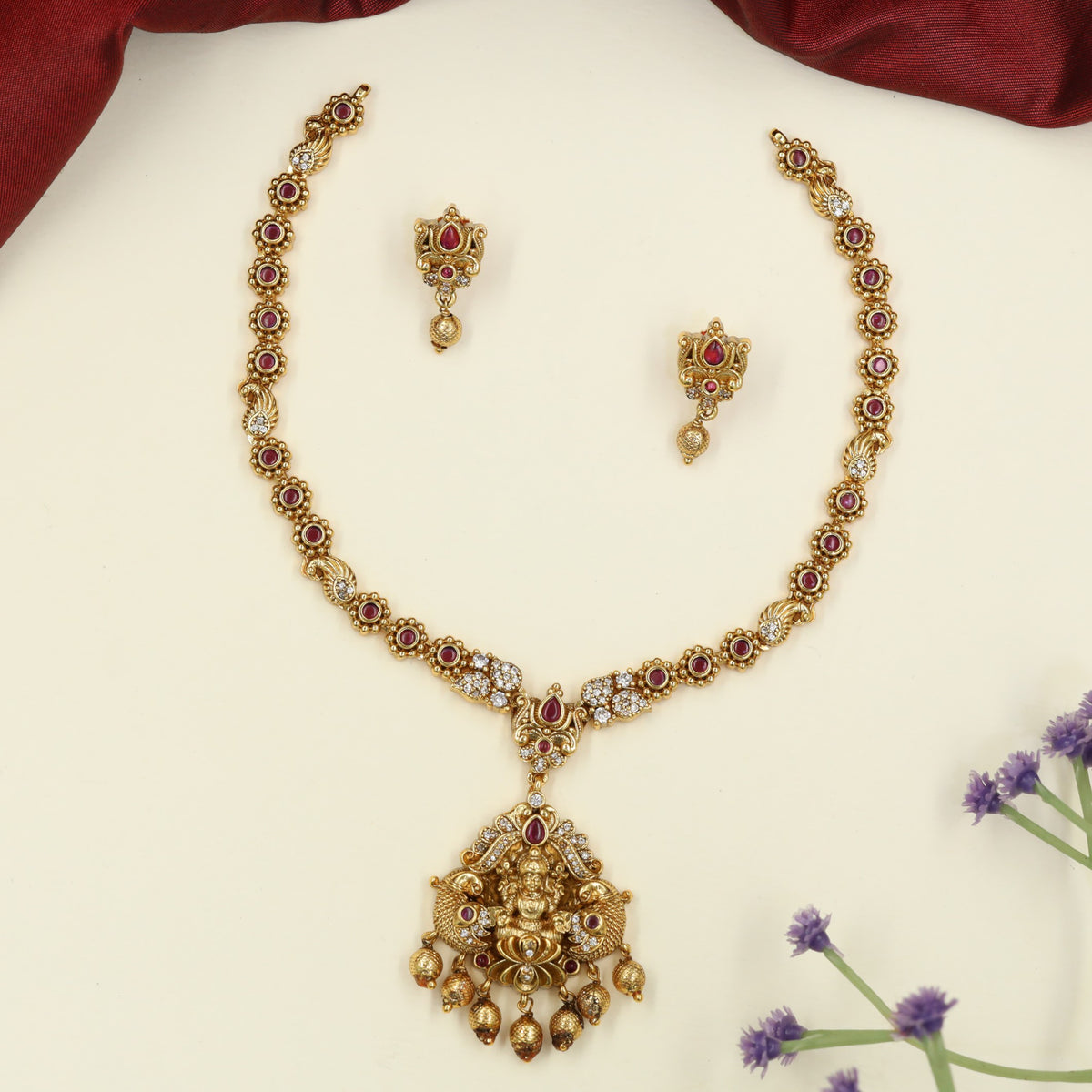 Traditional Antique Necklace featuring Detailed Lakshmi Pendant and Beaded Accents