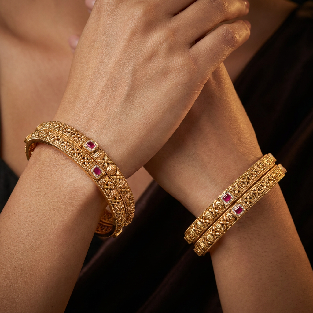 Filigree Antique Bangles with Raised Floral Leaves
