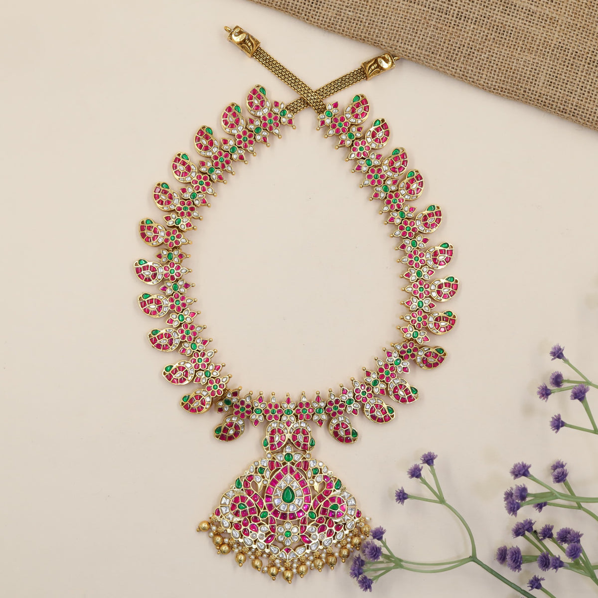Classic Jadau Long Haara featuring Symmetrical Peacock Work and Decorative Accents