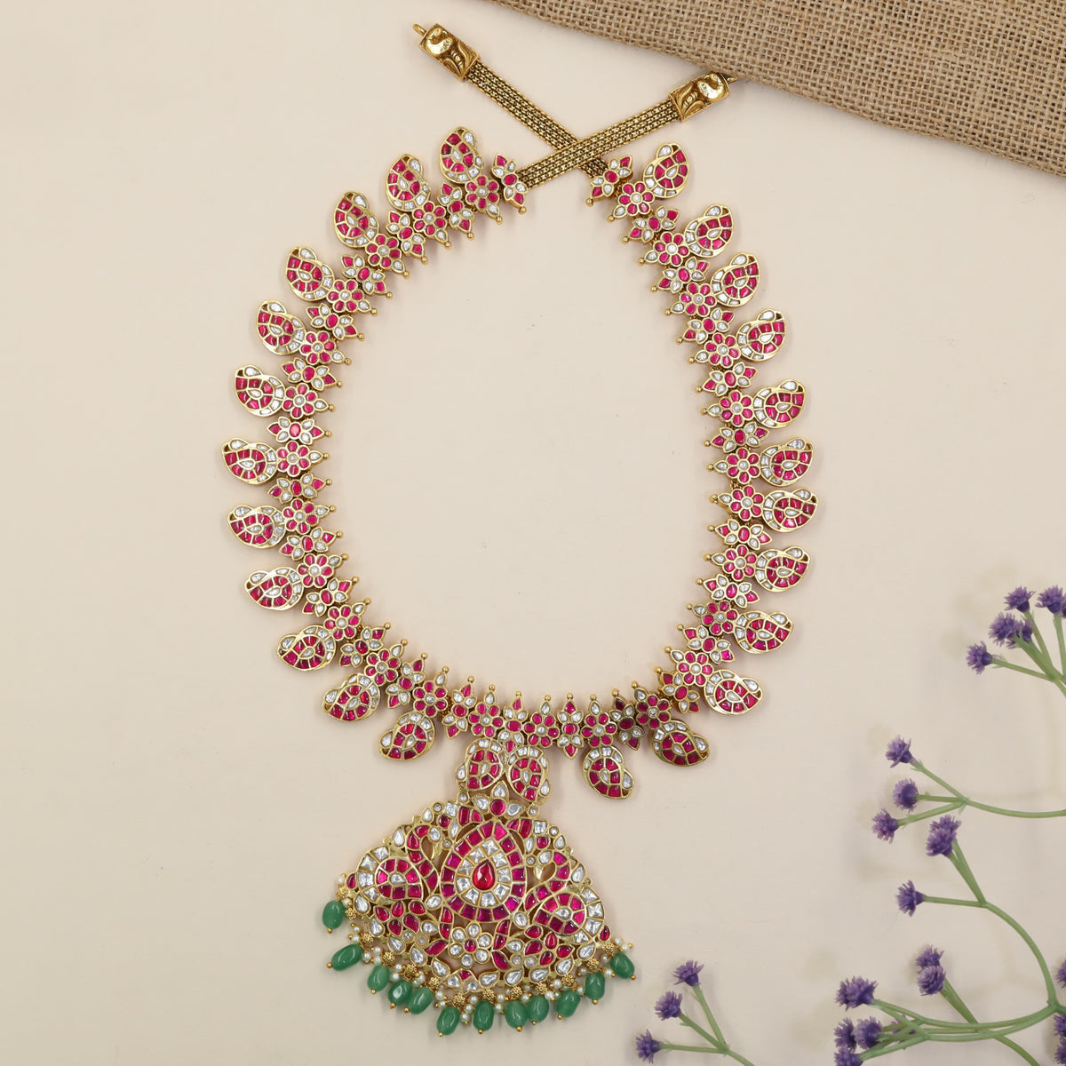 Classic Jadau Long Haara featuring Symmetrical Peacock Work and Decorative Accents