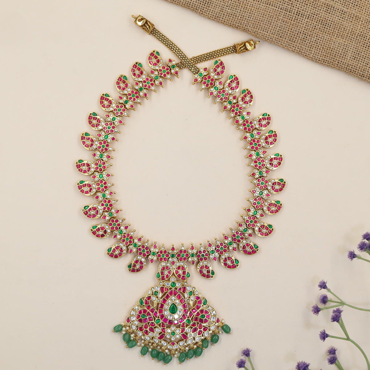 Classic Jadau Long Haara featuring Symmetrical Peacock Work and Decorative Accents
