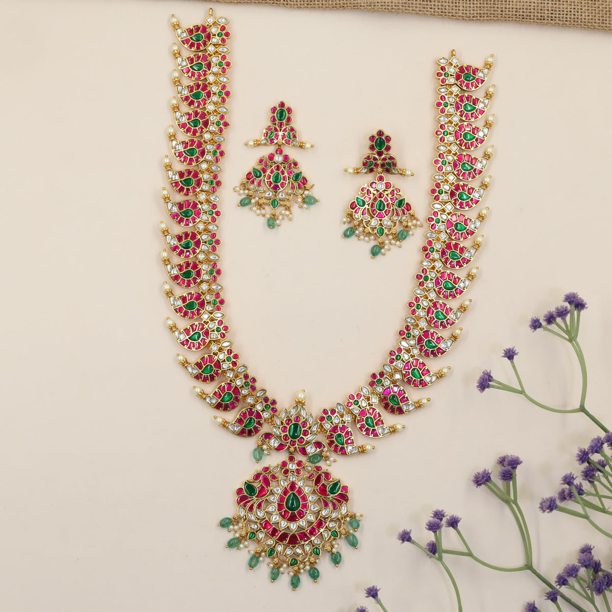 Grand Jadau Long Haara featuring Peacock Detailing and an Elaborate Centre Pendant