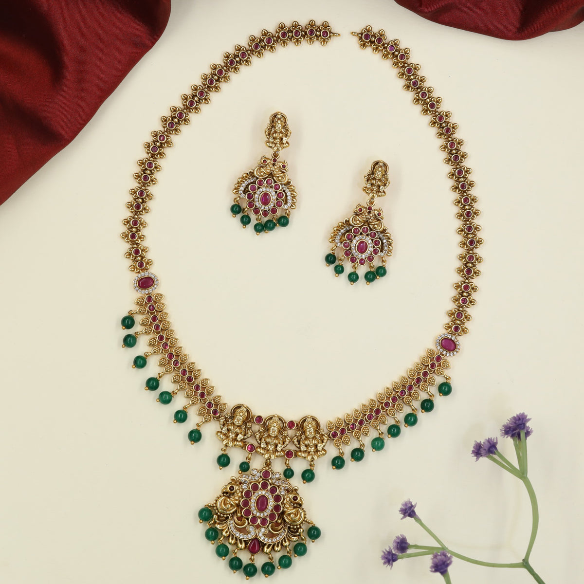 Grand Antique Long Haara featuring Repeating Floral Elements and Lakshmi Centre Work