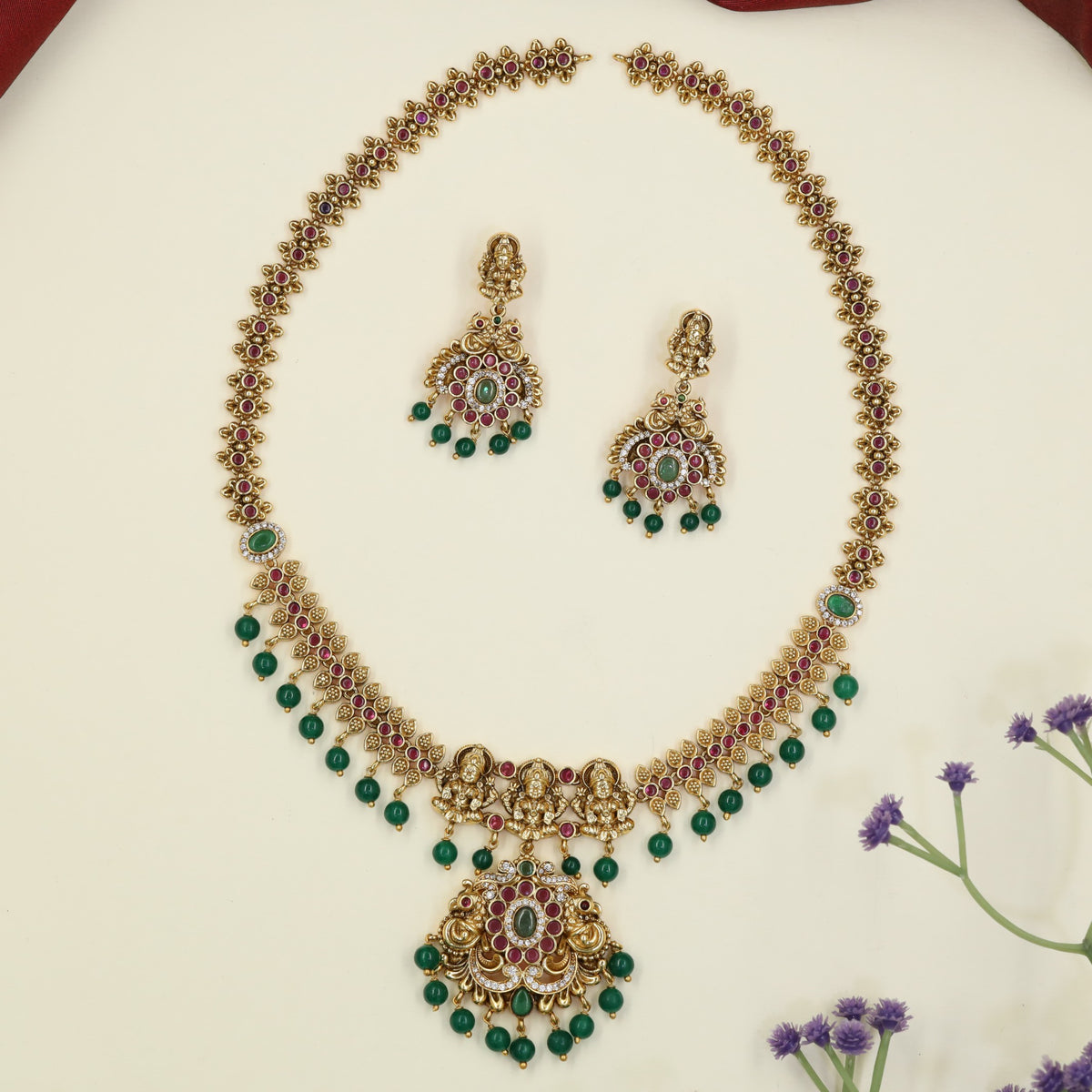 Grand Antique Long Haara featuring Repeating Floral Elements and Lakshmi Centre Work