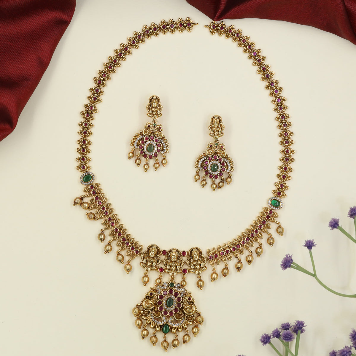 Grand Antique Long Haara featuring Repeating Floral Elements and Lakshmi Centre Work