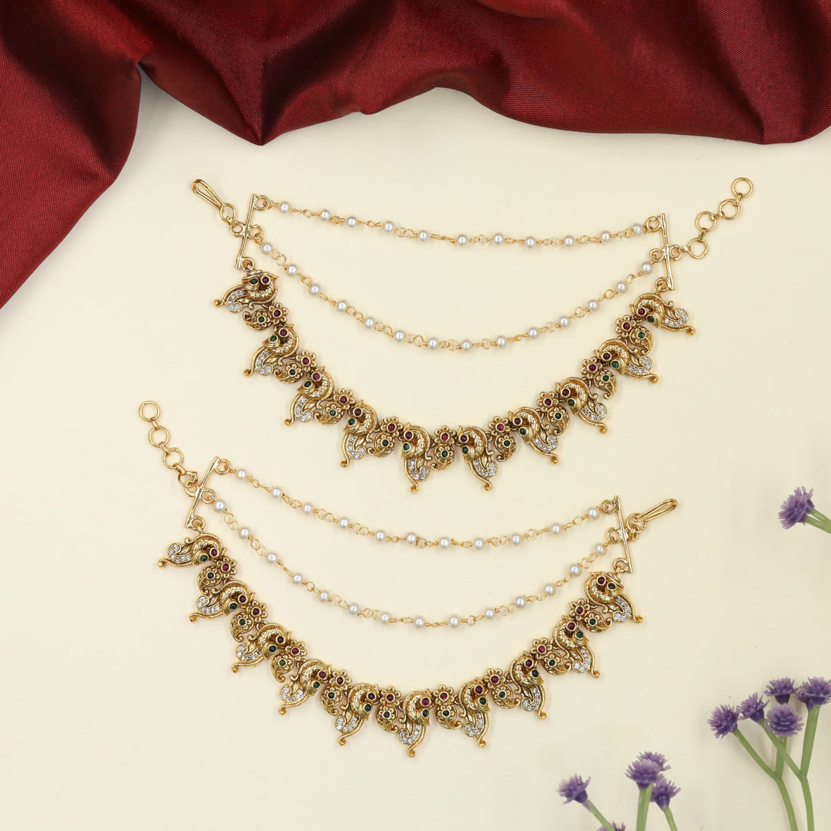 Antique Mati with Sculpted Peacock Elements and Fine Hanging Accents