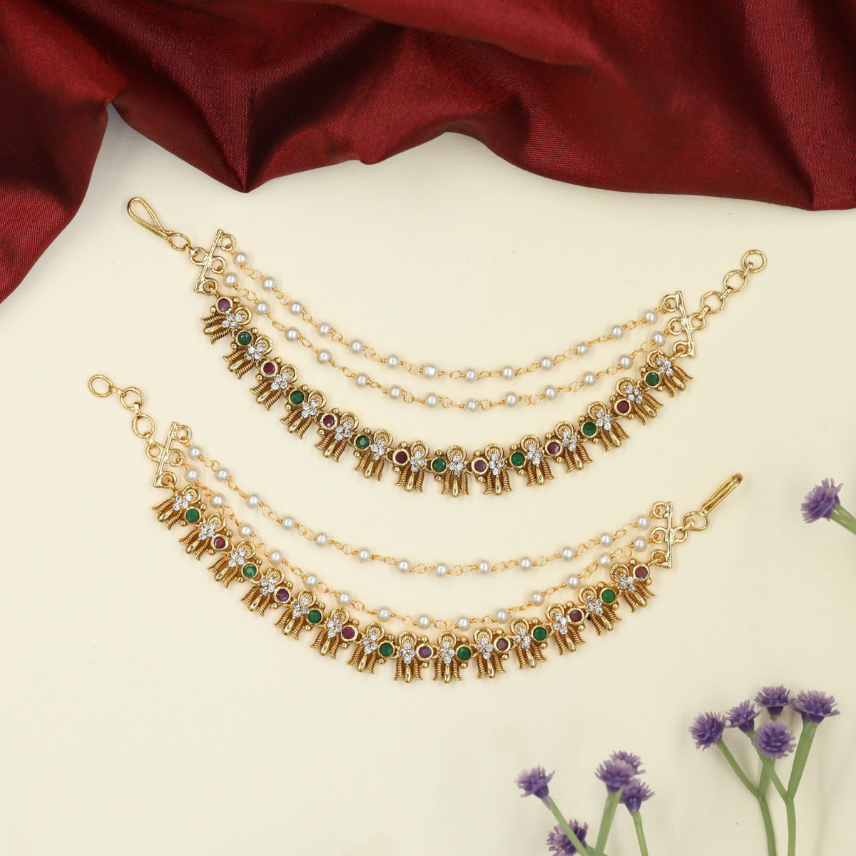 Antique Mati with Triple Bead Strands and Floral Linkwork