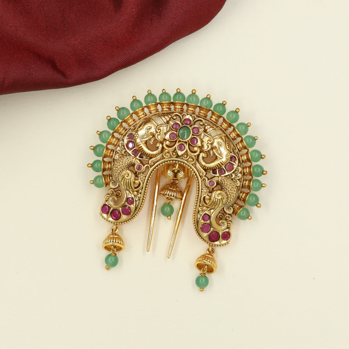 Antique Jade BIlle with Elaborate Peacock Ornamentation and Twin Elephants
