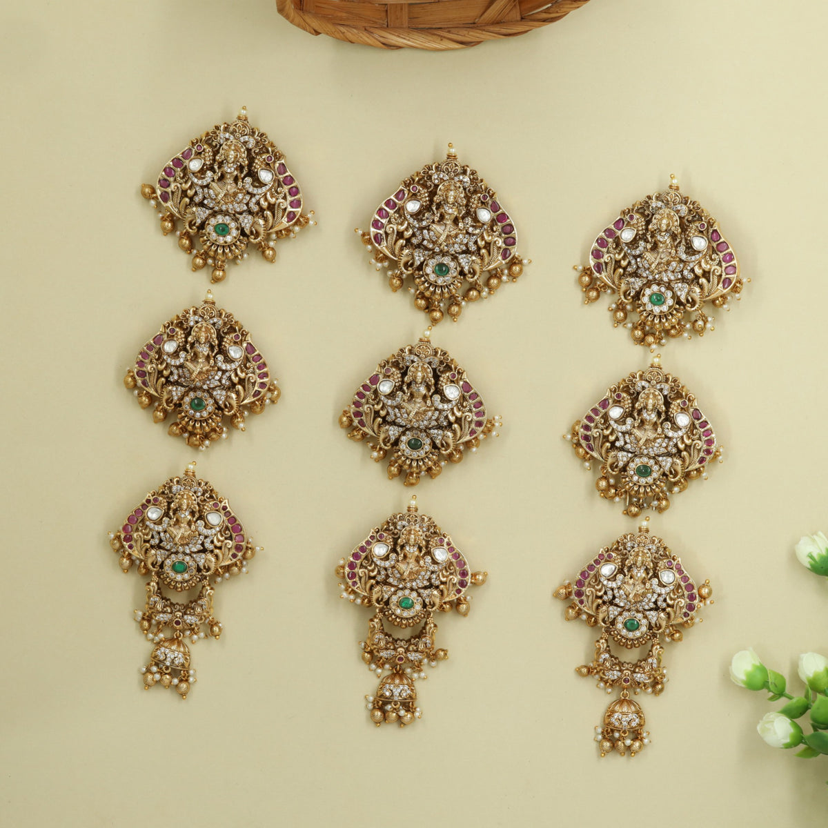 Traditional Antique Jade BIlle featuring Lakshmi Relief and Detailed Hanging Elements