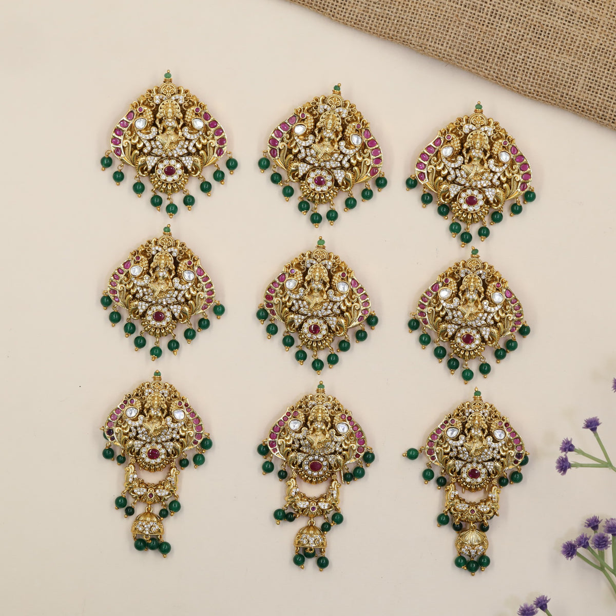 Traditional Antique Jade BIlle featuring Lakshmi Relief and Detailed Hanging Elements