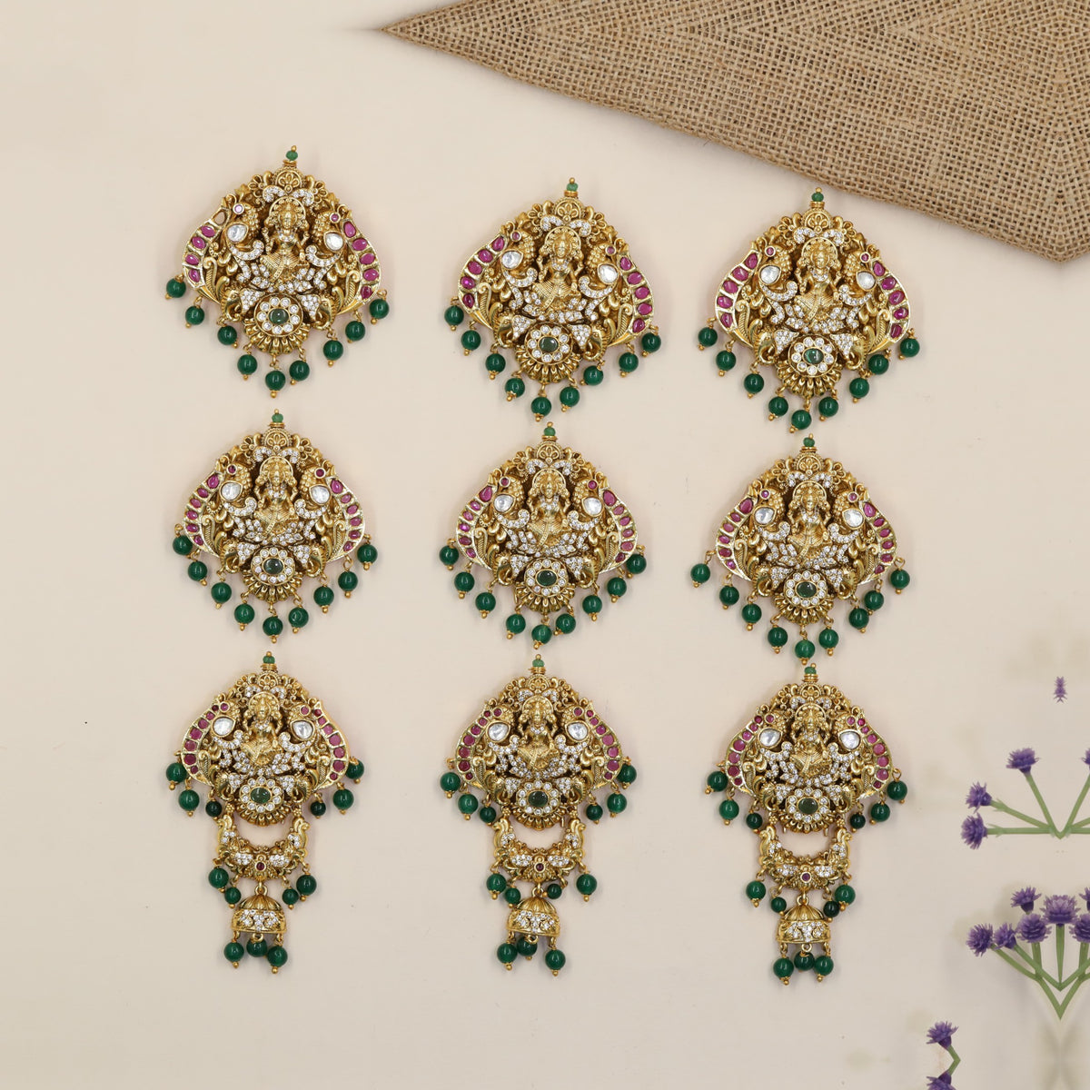 Traditional Antique Jade BIlle featuring Lakshmi Relief and Detailed Hanging Elements