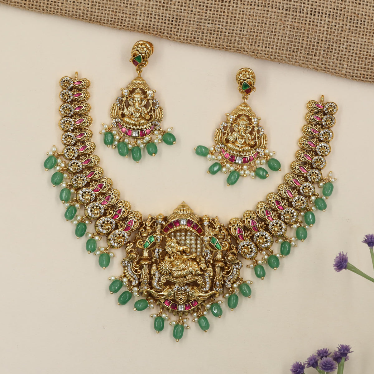 Grand Antique Necklace featuring Sculpted Ganesha Work and Decorative Drop Details