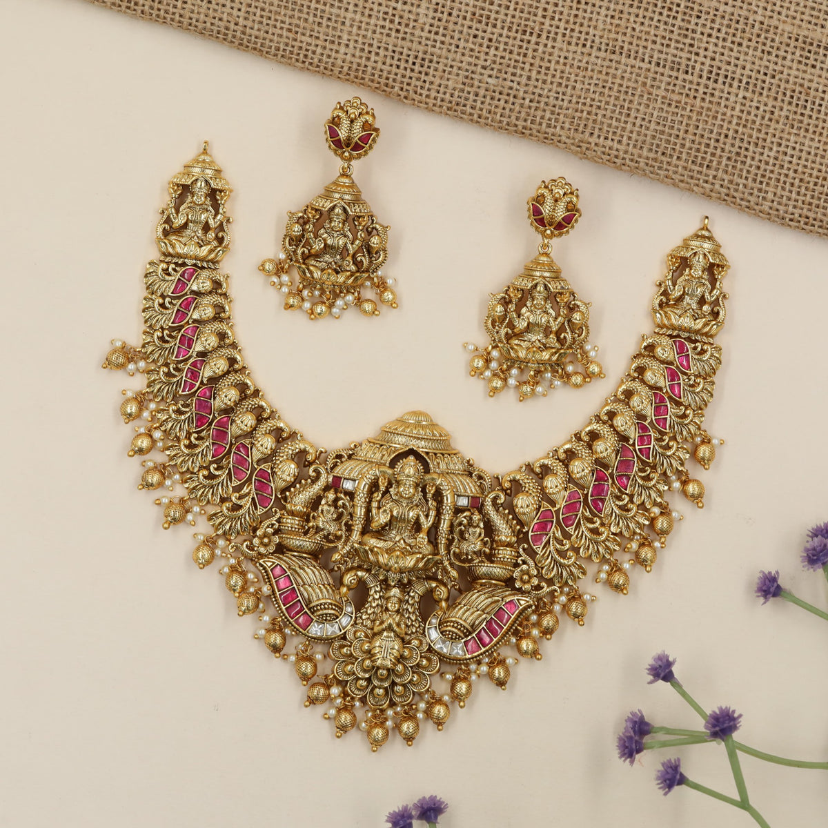 Antique Necklace with Detailed Lakshmi Work and Symmetrical Ganda Berunda Design