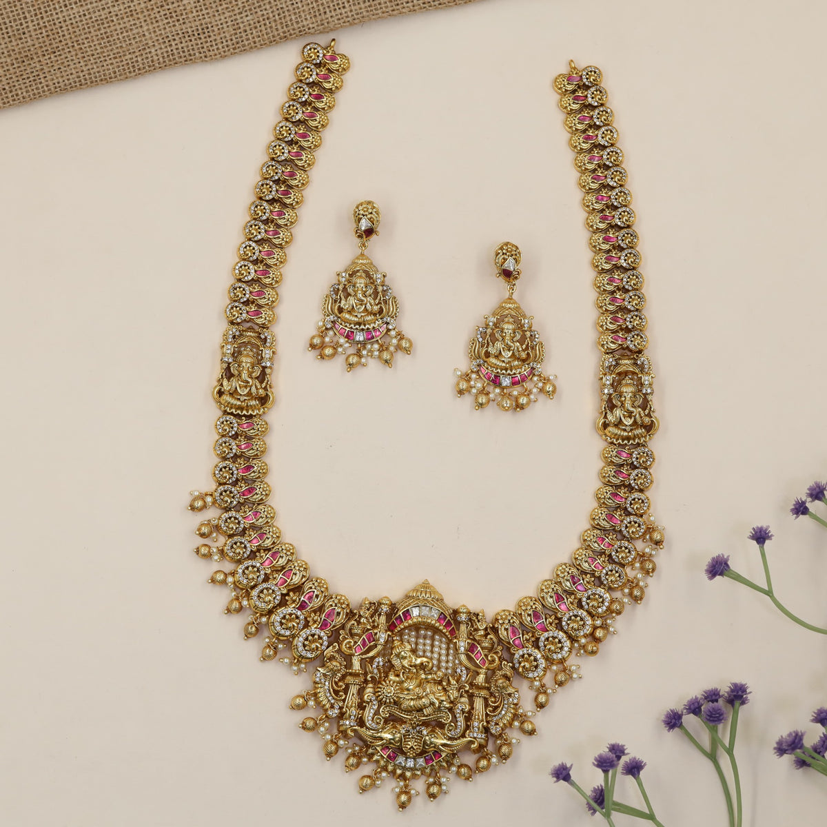 Antique Long Haara with Traditional Ganesha Detailing and Decorative Drops