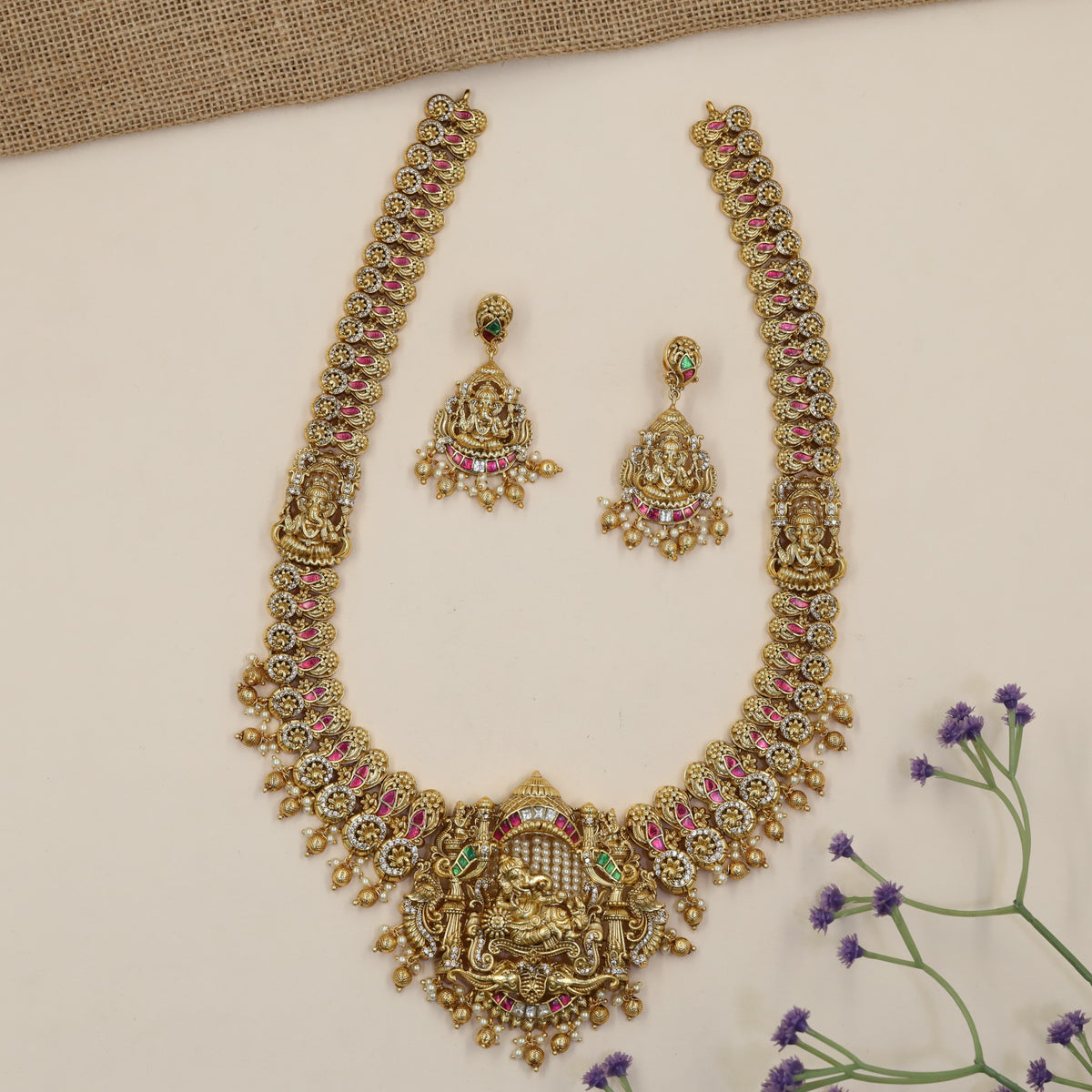 Antique Long Haara with Traditional Ganesha Detailing and Decorative Drops