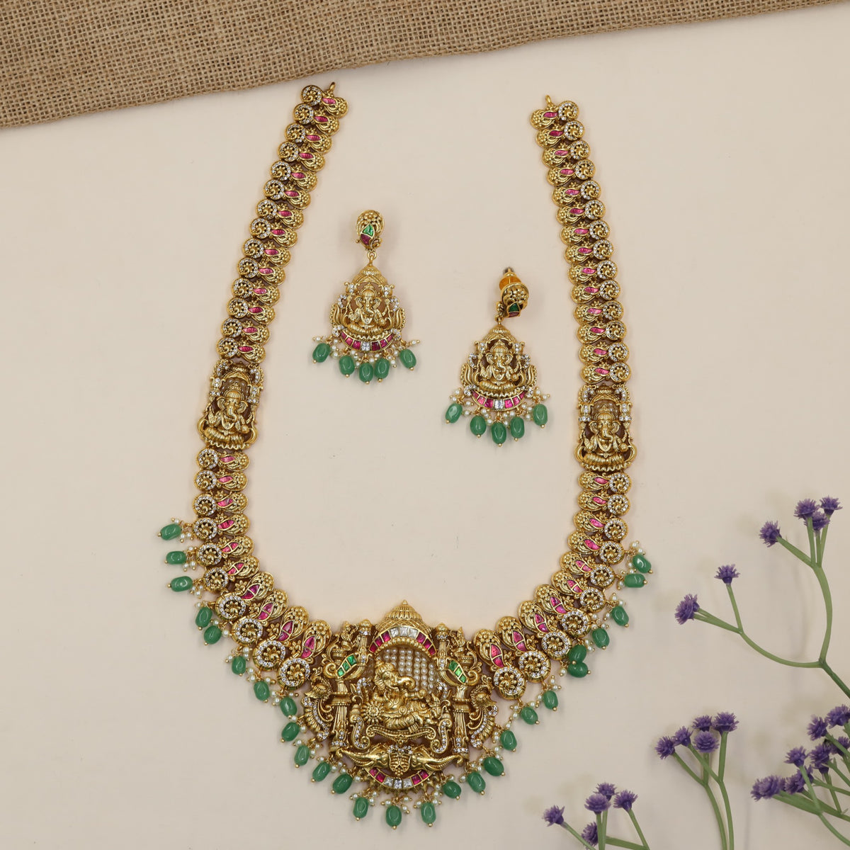 Antique Long Haara with Traditional Ganesha Detailing and Decorative Drops