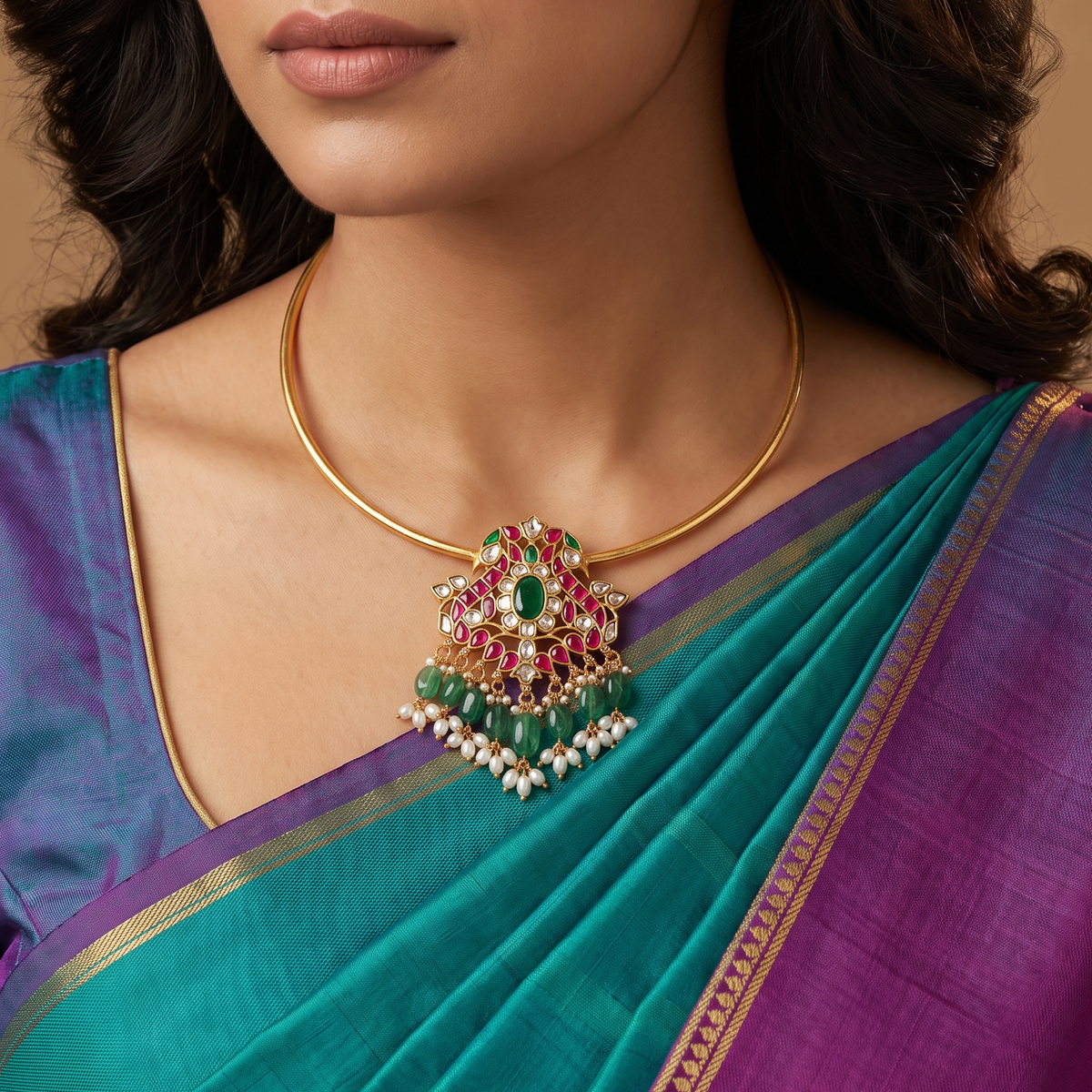 Reversible Peacock Jadau Necklace with Ornamental Pendant