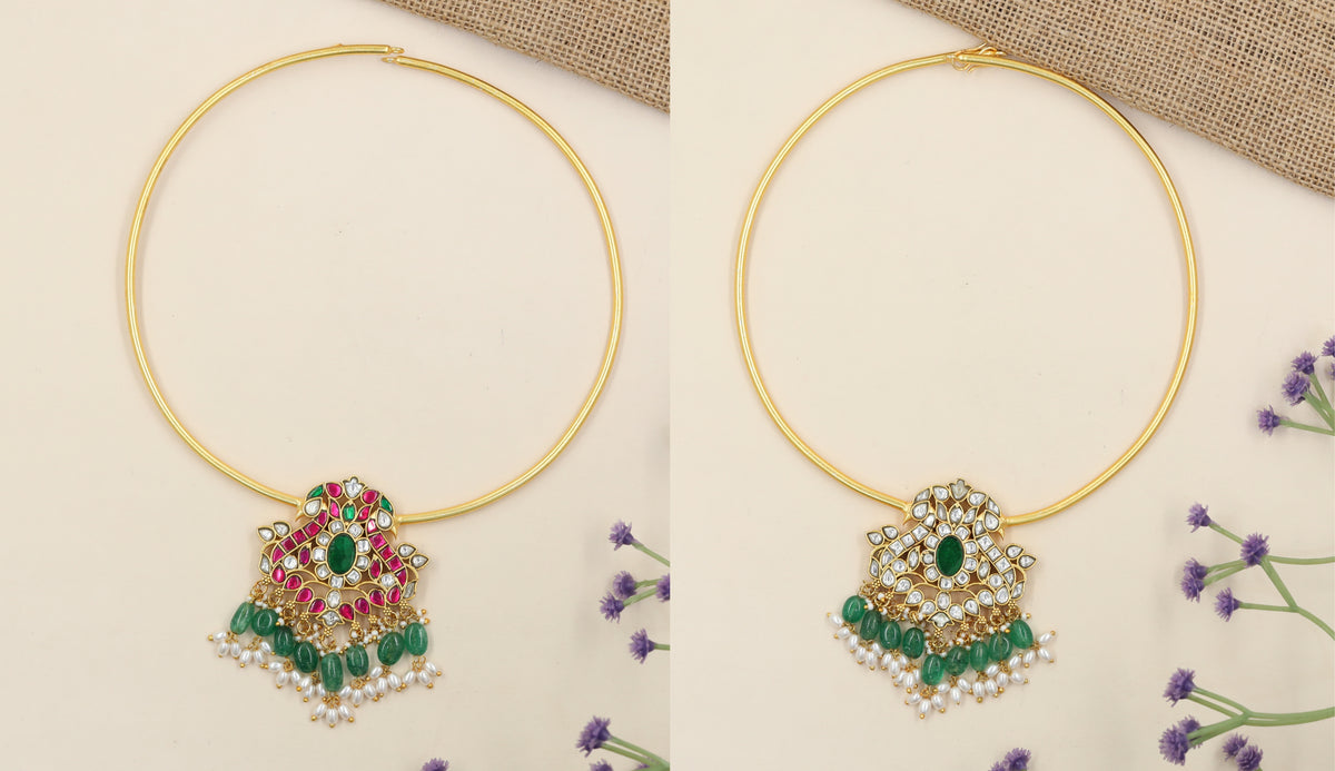 Reversible Peacock Jadau Necklace with Ornamental Pendant