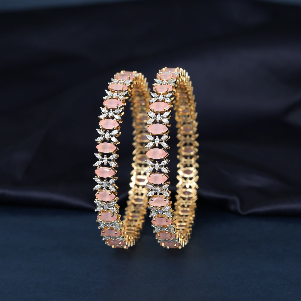 Gj Bangles with Oval Settings and Repeating Floral Cluster Details