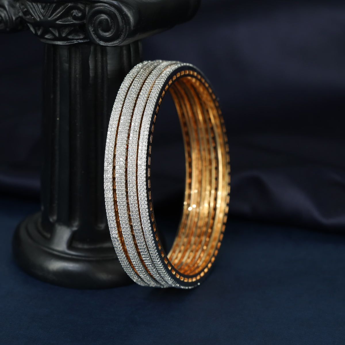Fine Gj Bangles with Four Parallel Accent Rows and Sleek Detailing