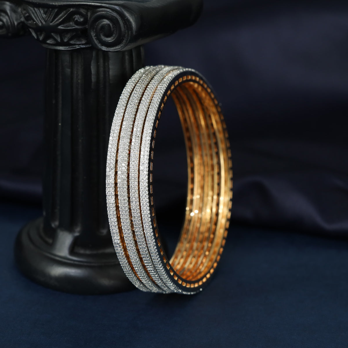 Fine Gj Bangles with Four Parallel Accent Rows and Sleek Detailing