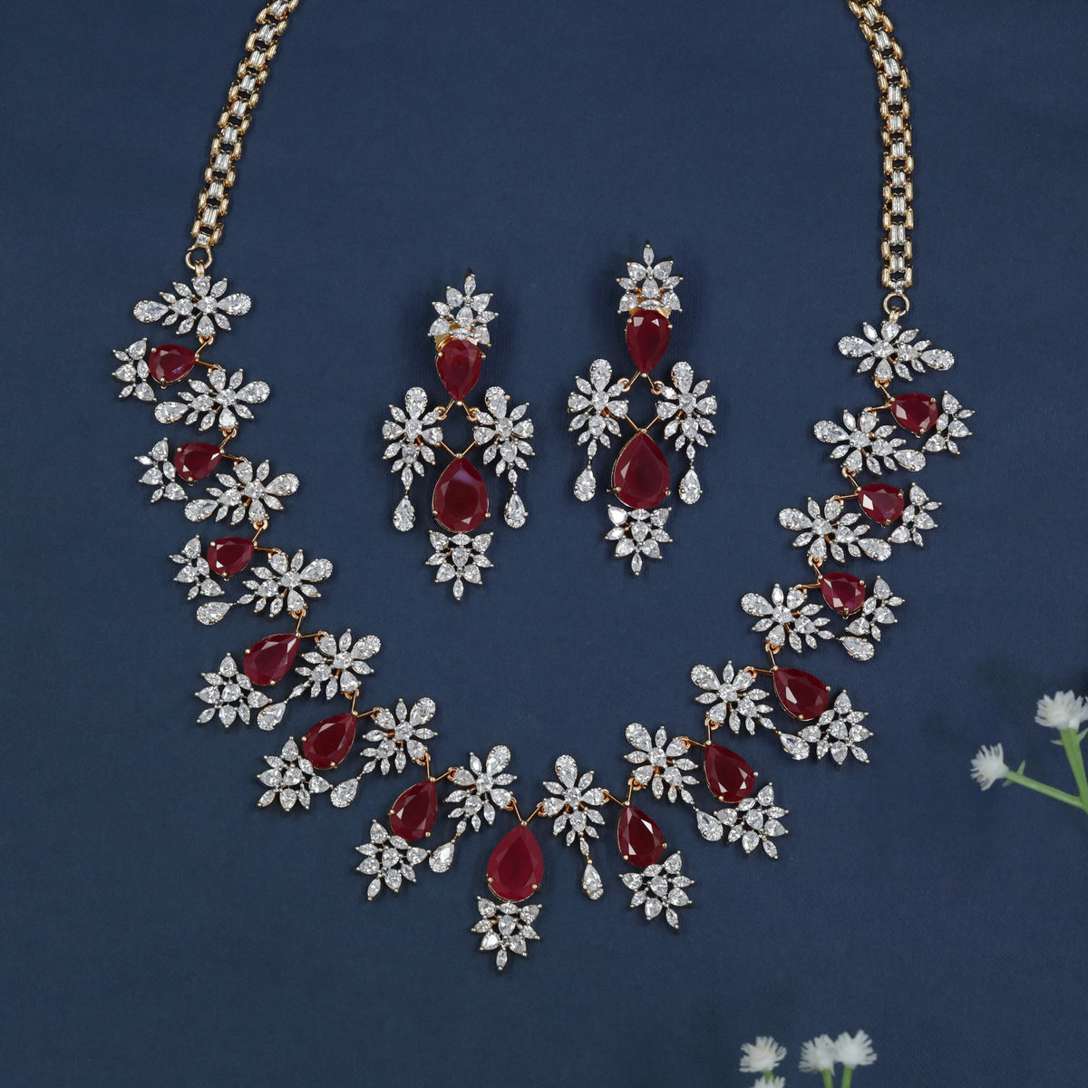 Gj Necklace with Symmetrical Flower Clusters and Coordinated Drop Earrings