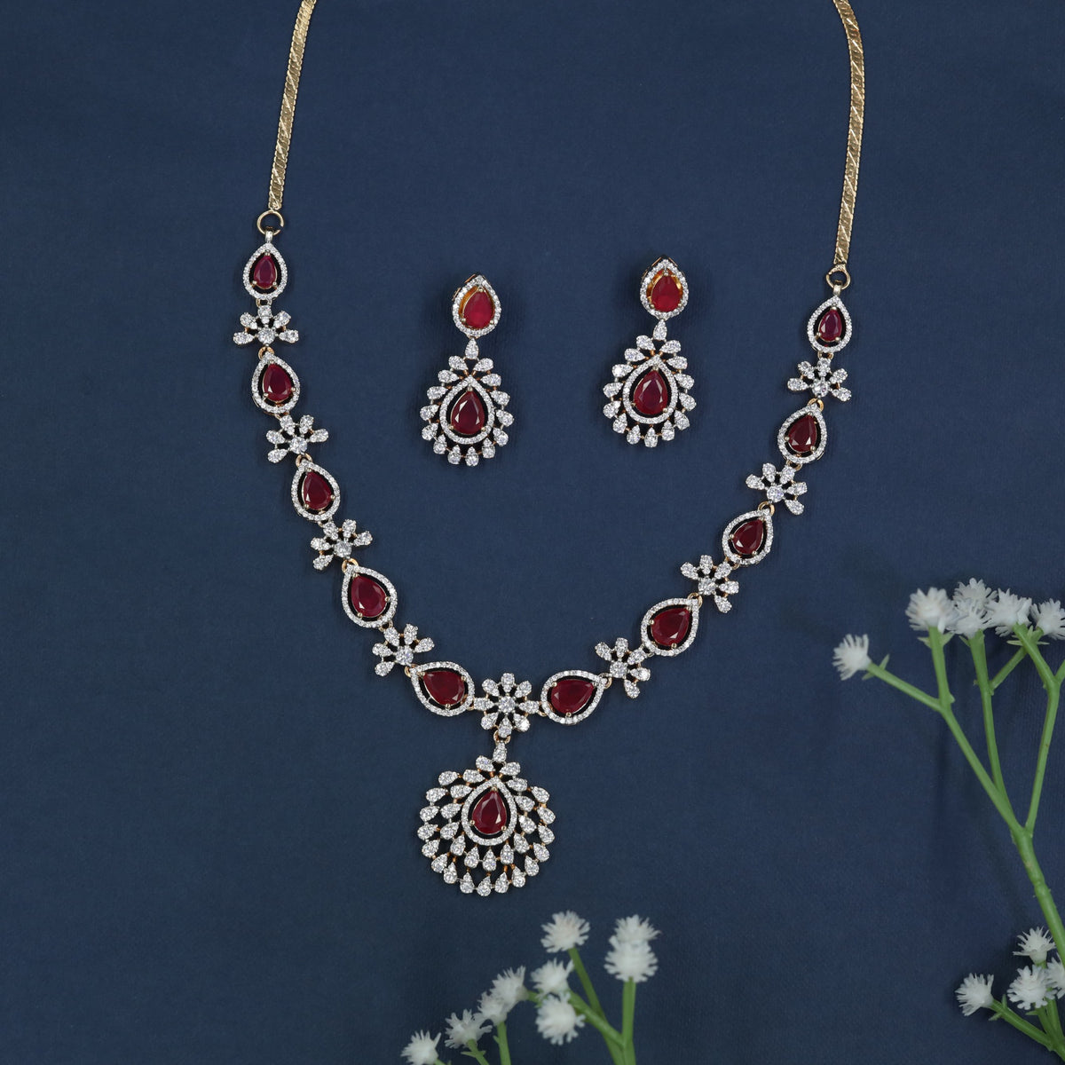 Delicate Gj Necklace with Repeating Floral Forms and Pear Shaped Accents