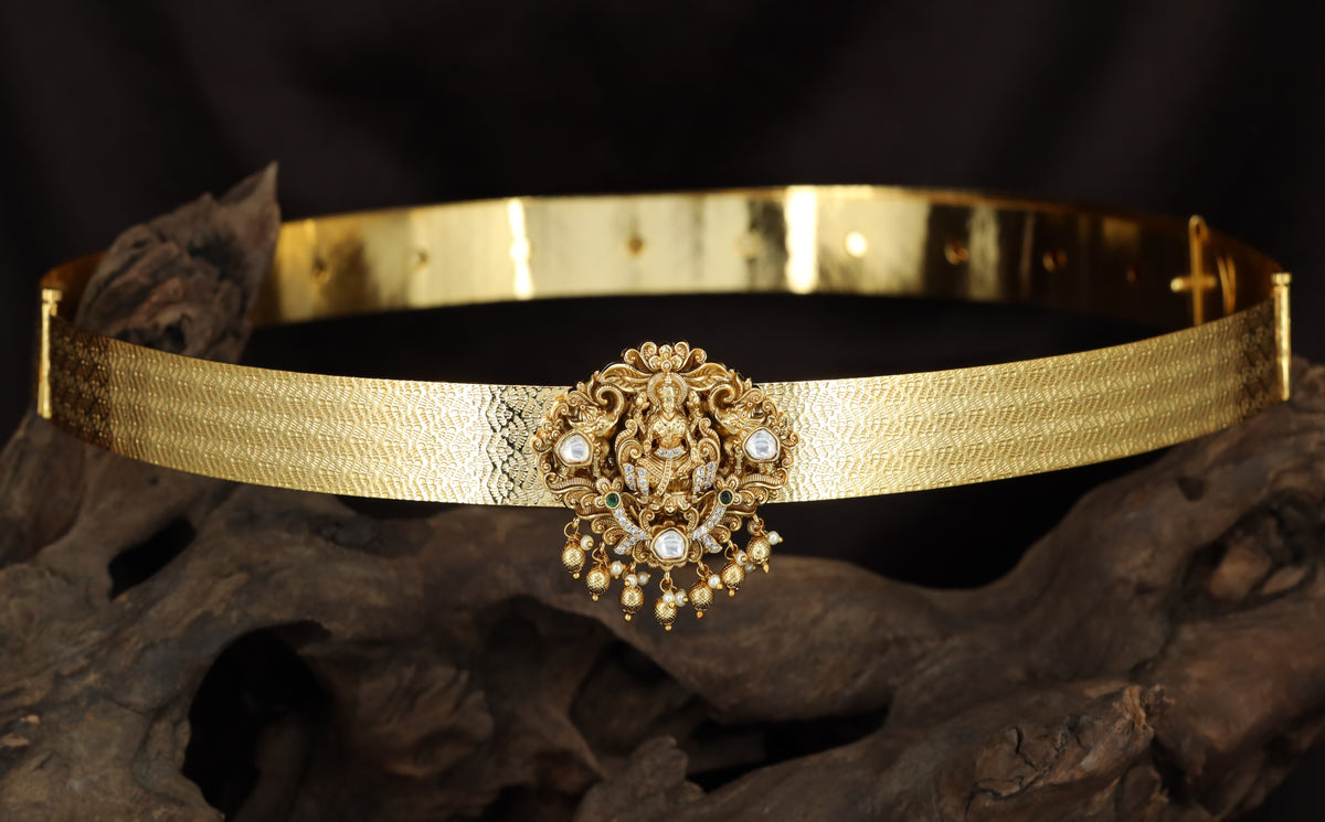 Antique Dabu with detailed Lakshmi design and hanging drops