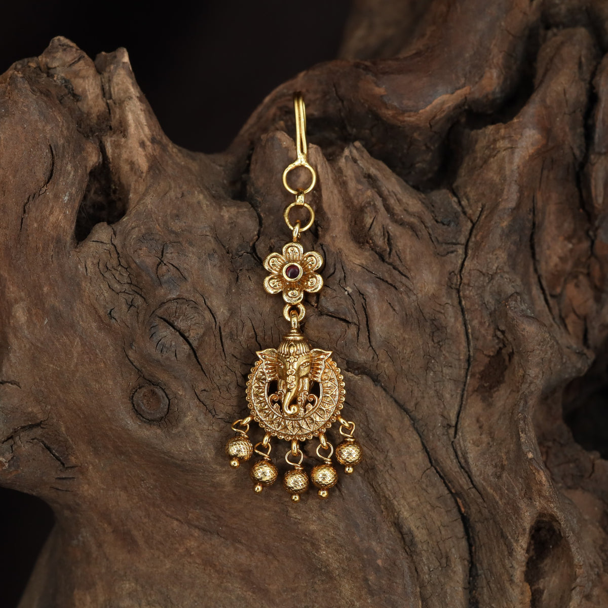 Classic Ganesha Antique Tikka with ornate hanging accents