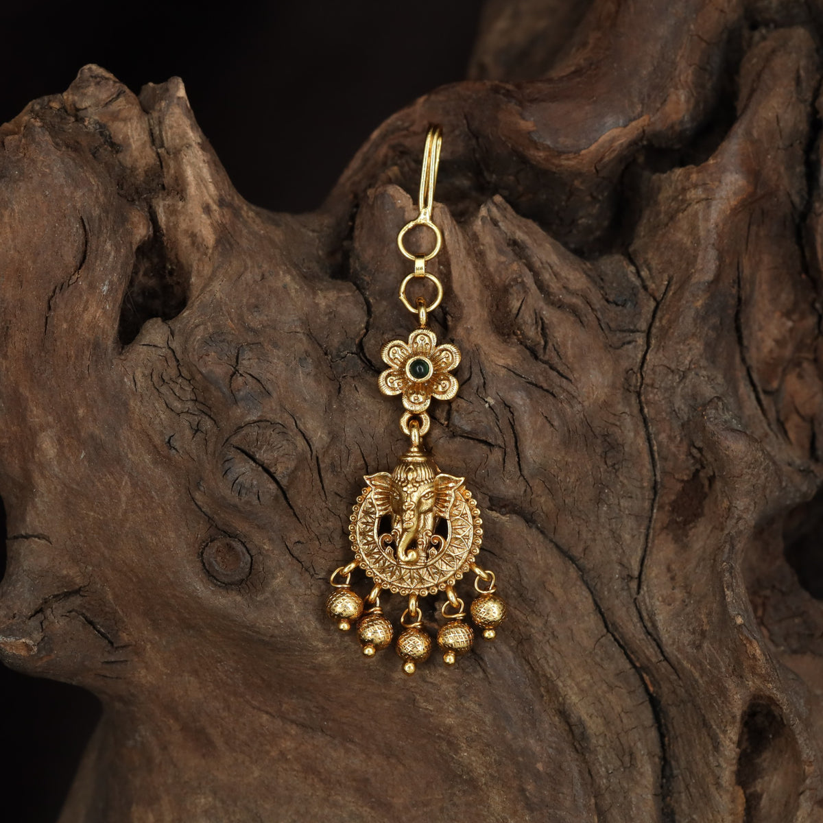 Classic Ganesha Antique Tikka with ornate hanging accents
