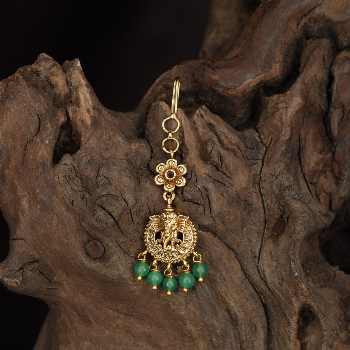 Classic Ganesha Antique Tikka with ornate hanging accents