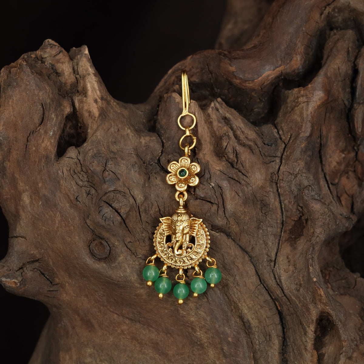 Classic Ganesha Antique Tikka with ornate hanging accents