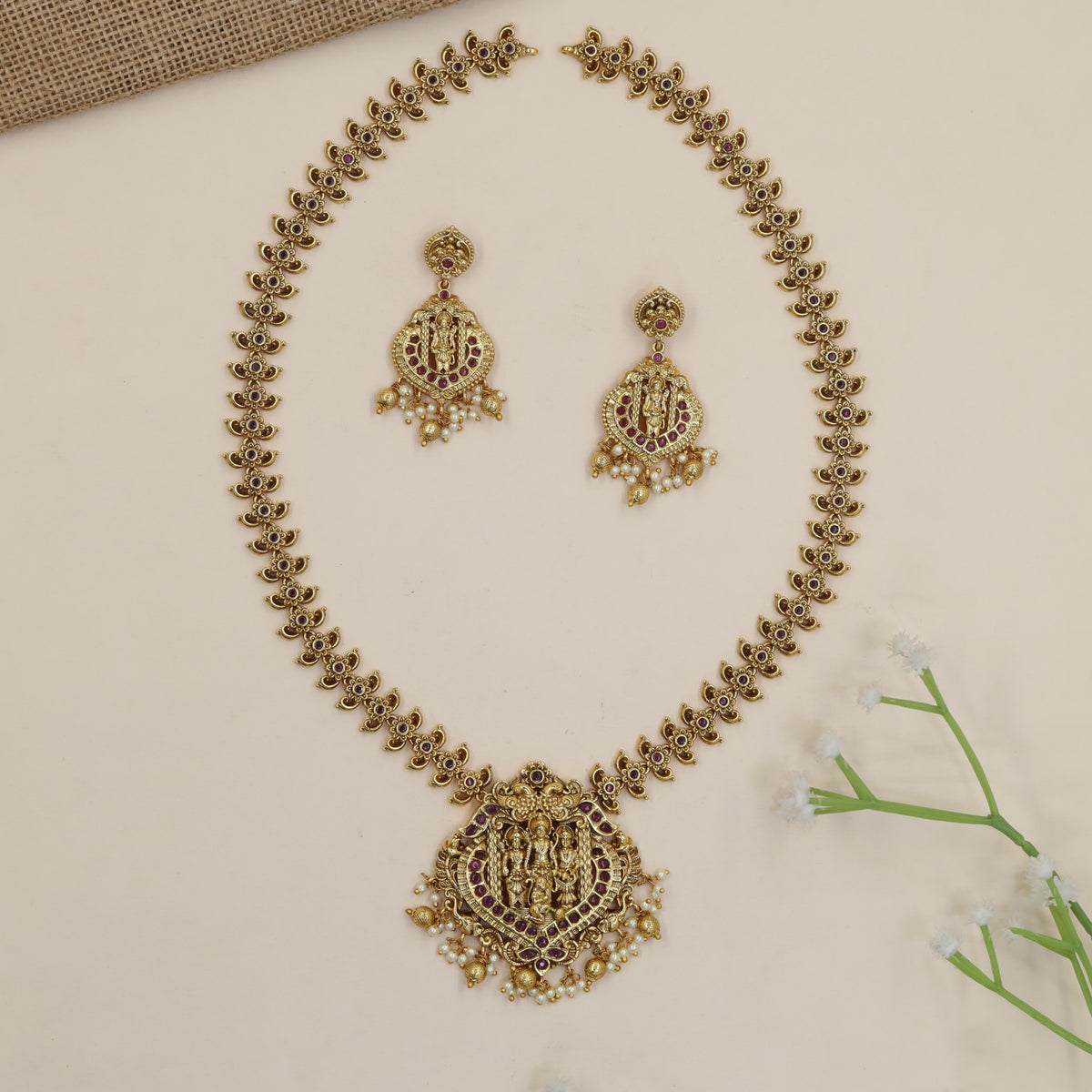 Royal Rama Lakshmana Sita Antique Long Haara with ornate pendant