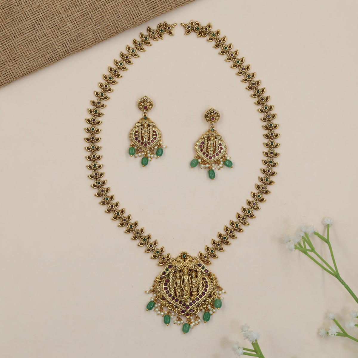 Royal Rama Lakshmana Sita Antique Long Haara with ornate pendant