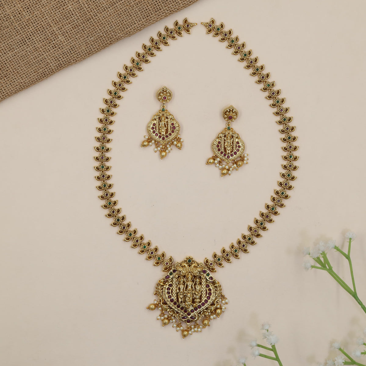 Royal Rama Lakshmana Sita Antique Long Haara with ornate pendant