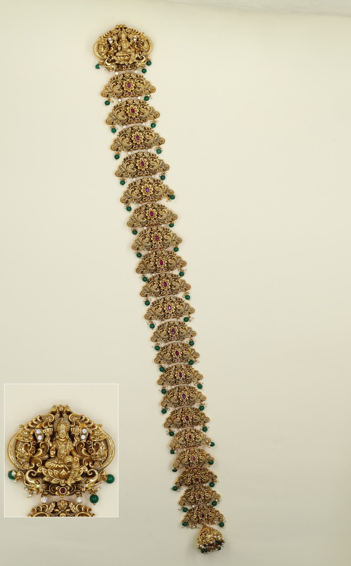 Antique Long Jade featuring a detailed Lakshmi centerpiece