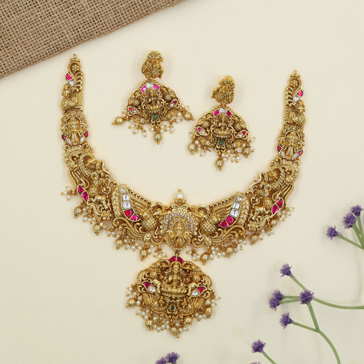 Antique Necklaces featuring a detailed Gajalakshmi centerpiece