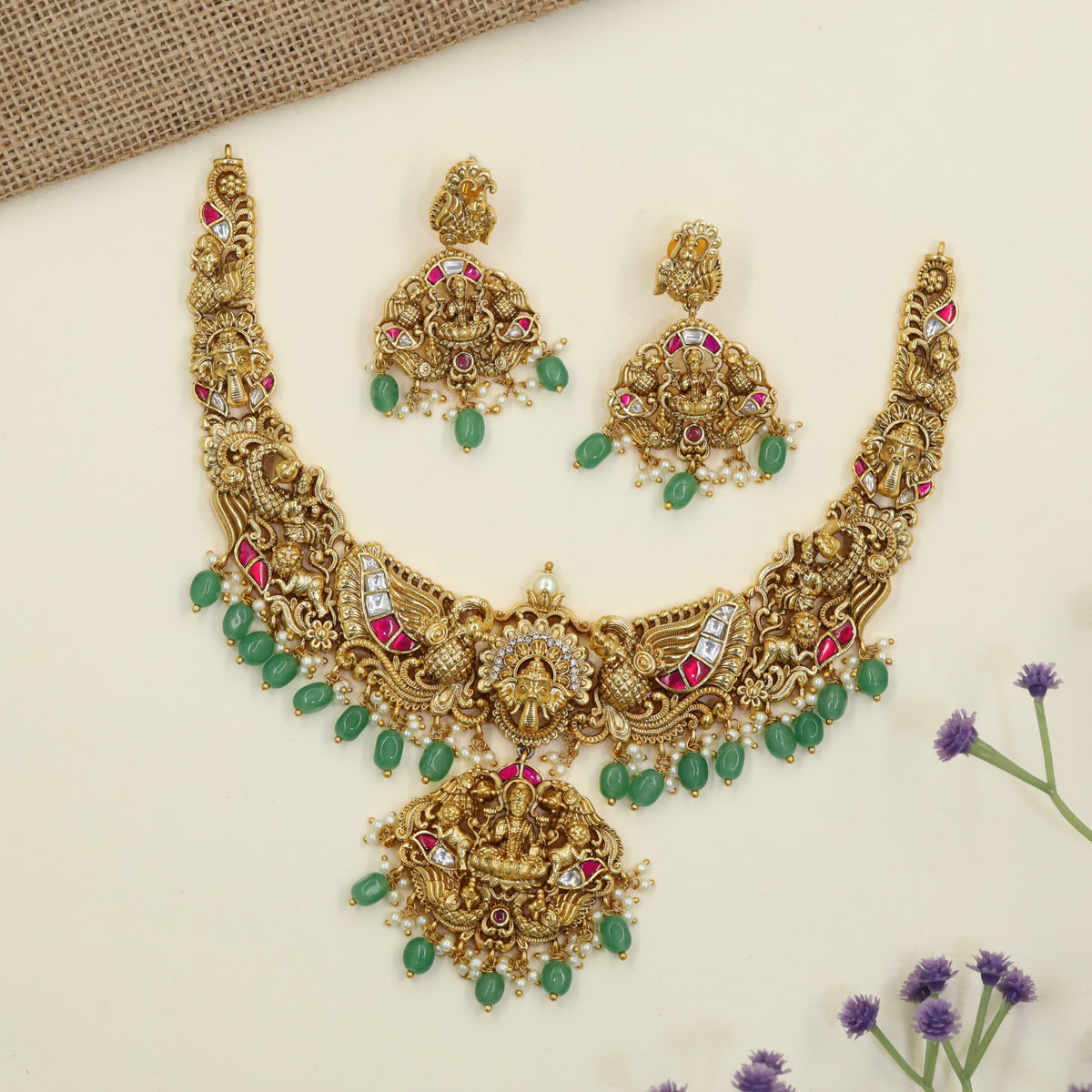 Antique Necklaces featuring a detailed Gajalakshmi centerpiece