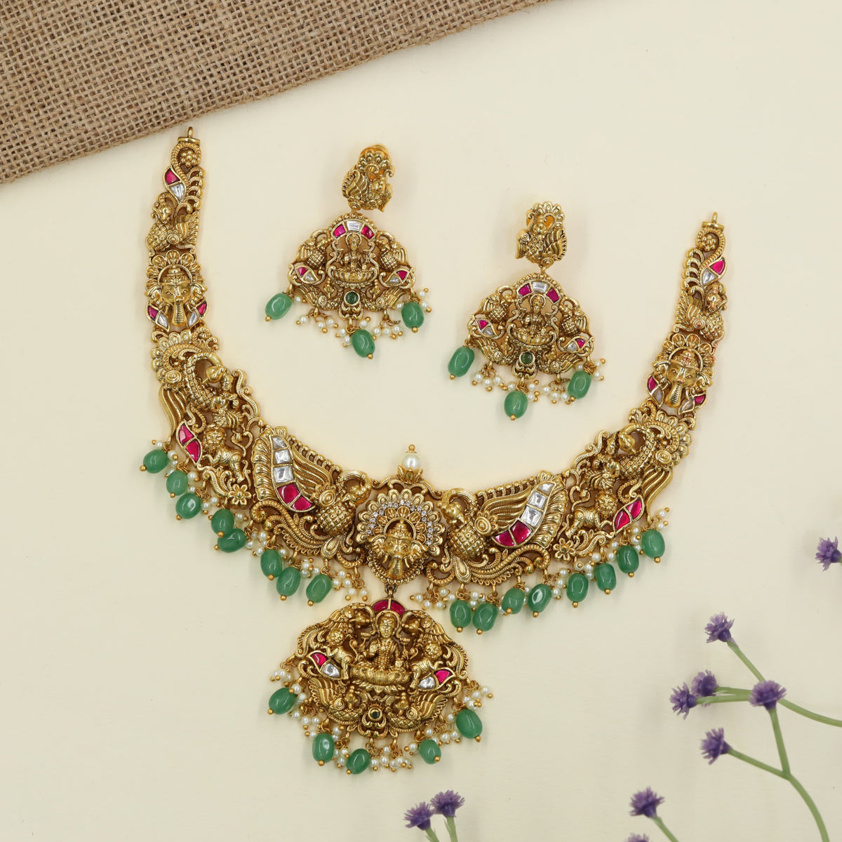 Antique Necklaces featuring a detailed Gajalakshmi centerpiece