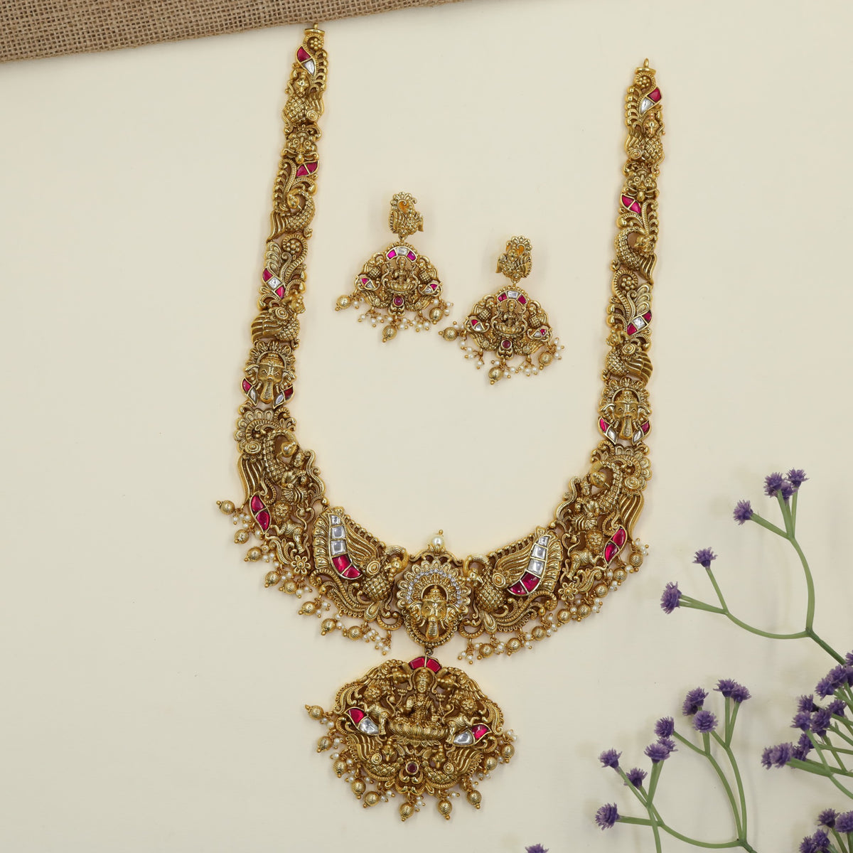Antique Long Haar with Lakshmi pendant and intricate temple detailing