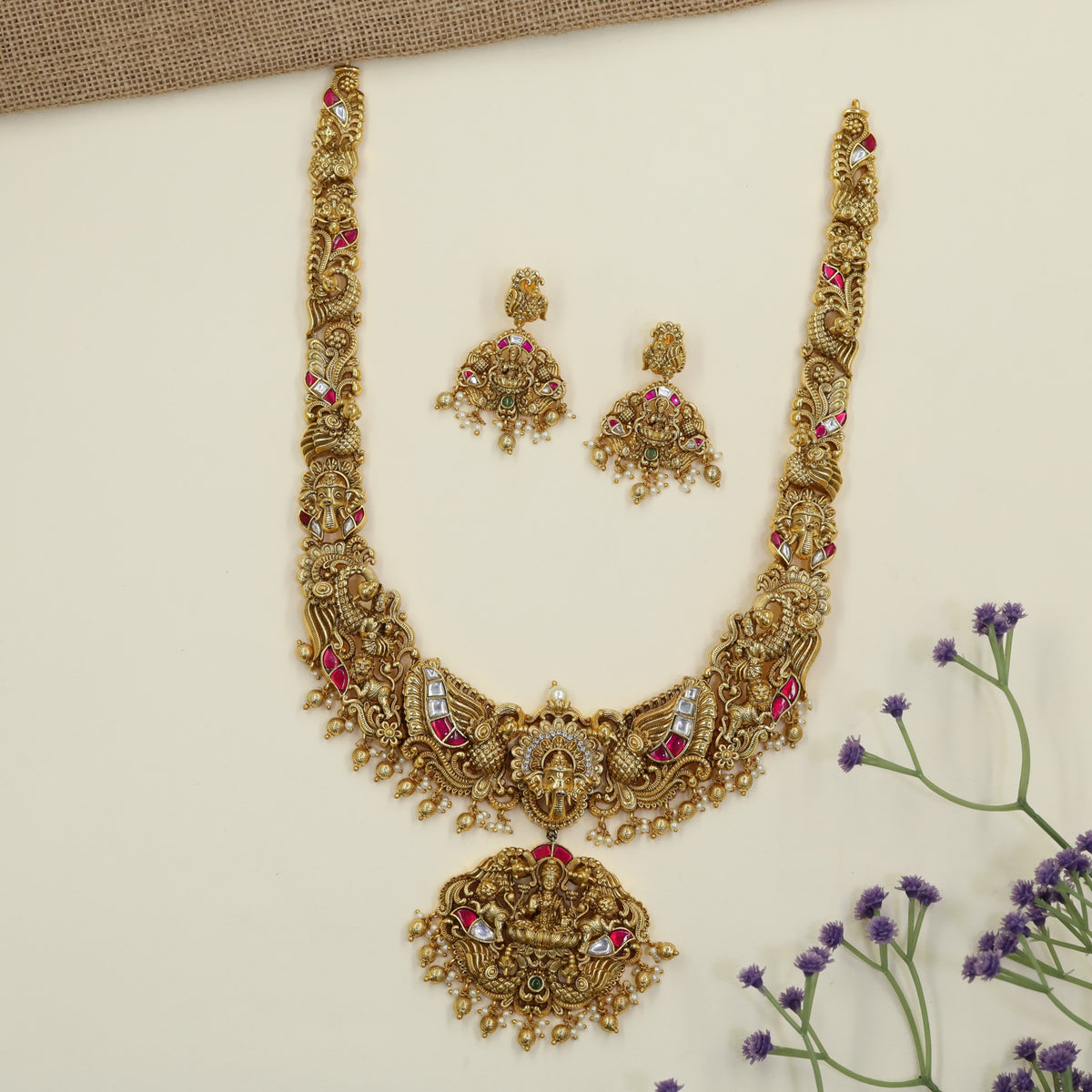 Antique Long Haar with Lakshmi pendant and intricate temple detailing