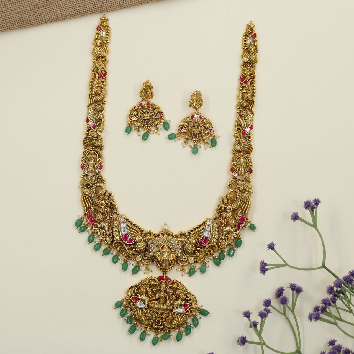 Antique Long Haar with Lakshmi pendant and intricate temple detailing