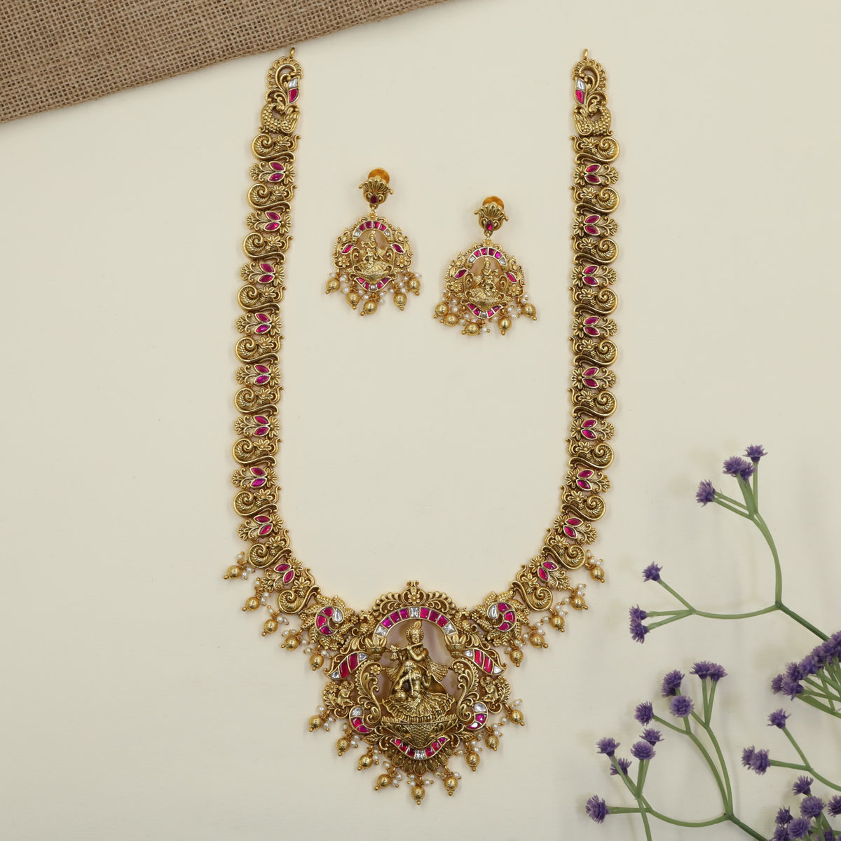 Antique Long Haar featuring Krishna playing flute and Radha dancing