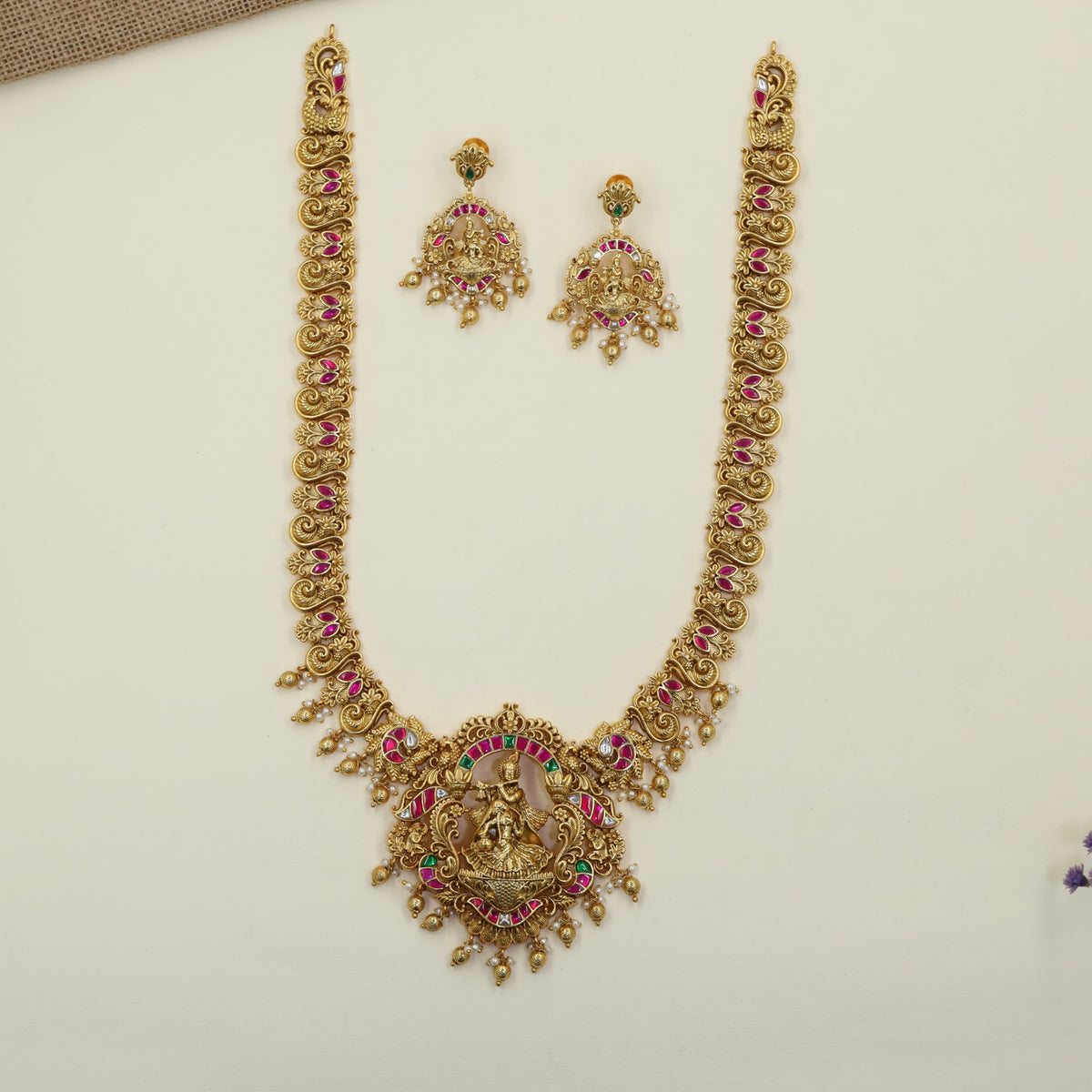 Antique Long Haar featuring Krishna playing flute and Radha dancing
