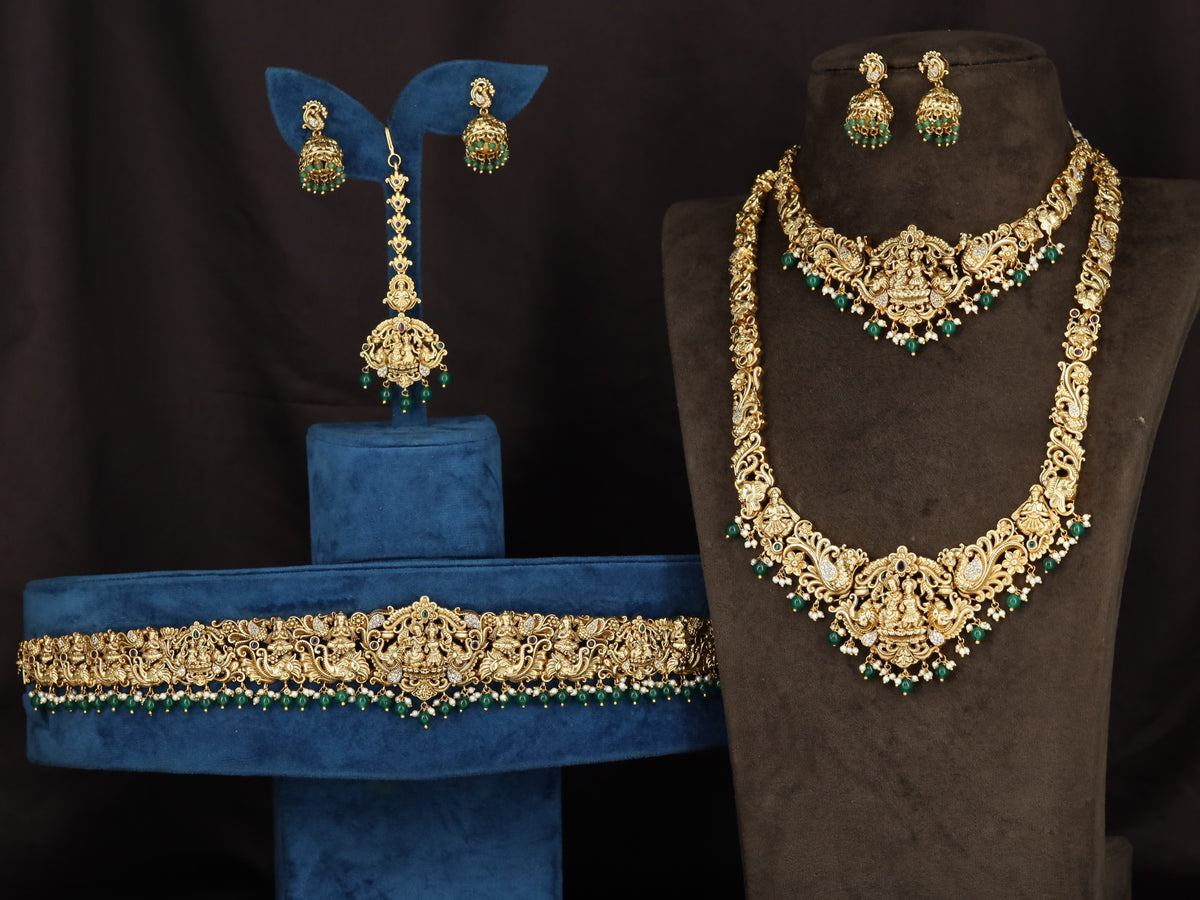 Royal Antique Combo Set with ornate Lakshmi detailing and pearl drop finish