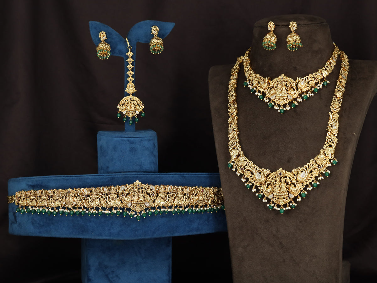 Royal Antique Combo Set with ornate Lakshmi detailing and pearl drop finish