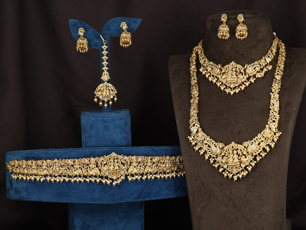 Royal Antique Combo Set with ornate Lakshmi detailing and pearl drop finish