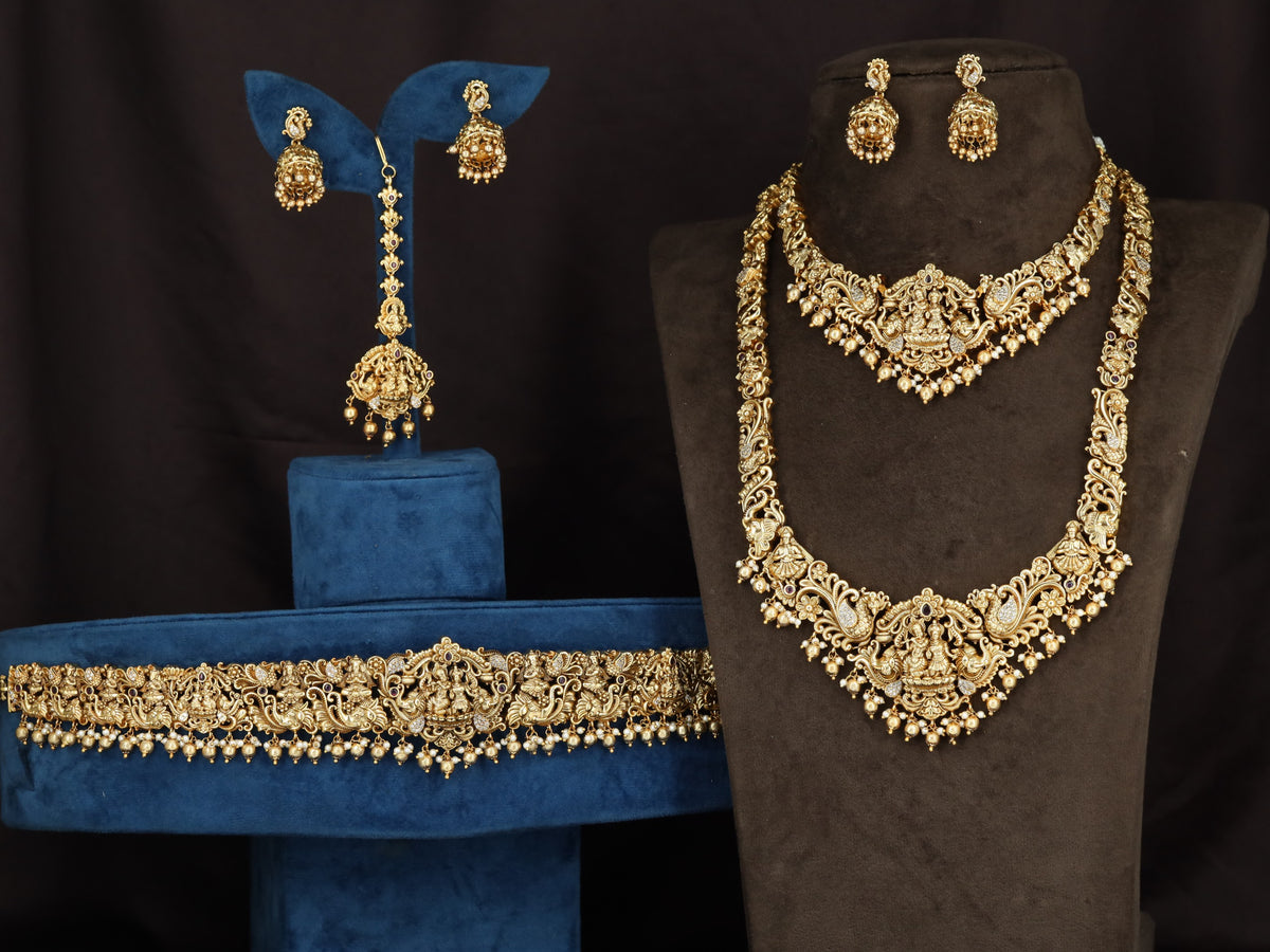 Royal Antique Combo Set with ornate Lakshmi detailing and pearl drop finish