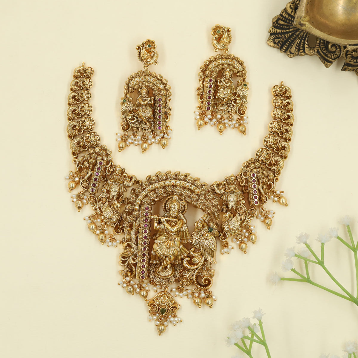 Antique Necklace featuring Krishna centerpiece with symmetrical Peacock detailing