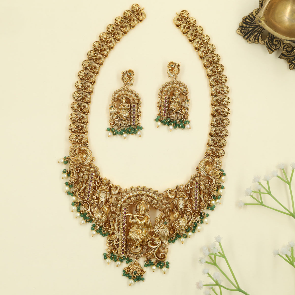 Antique Long Haara featuring Krishna playing the flute with Peacock work